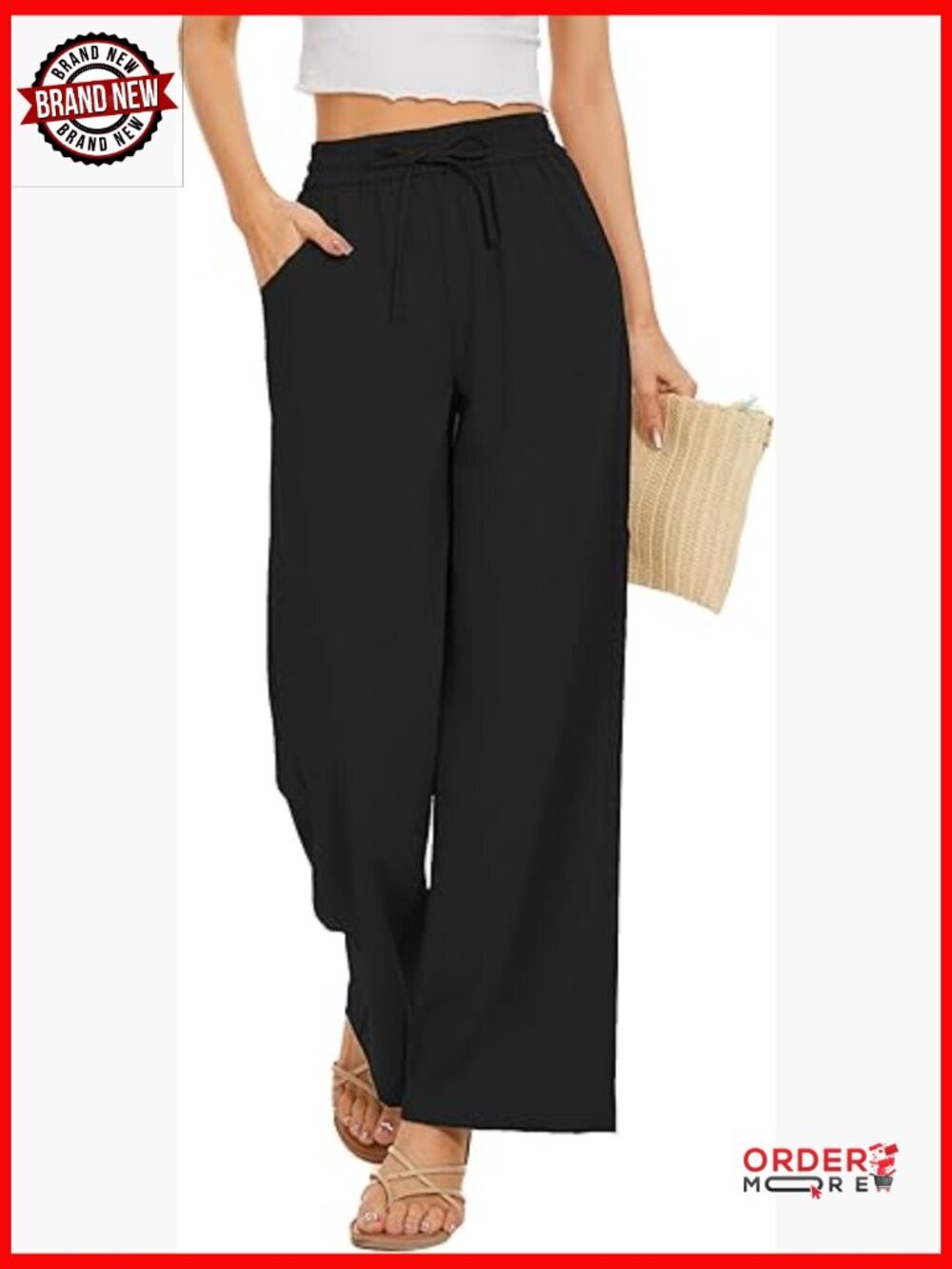Flowy Palazzo Pants Wide Leg Beach Pants with Pockets Drawstring Waist